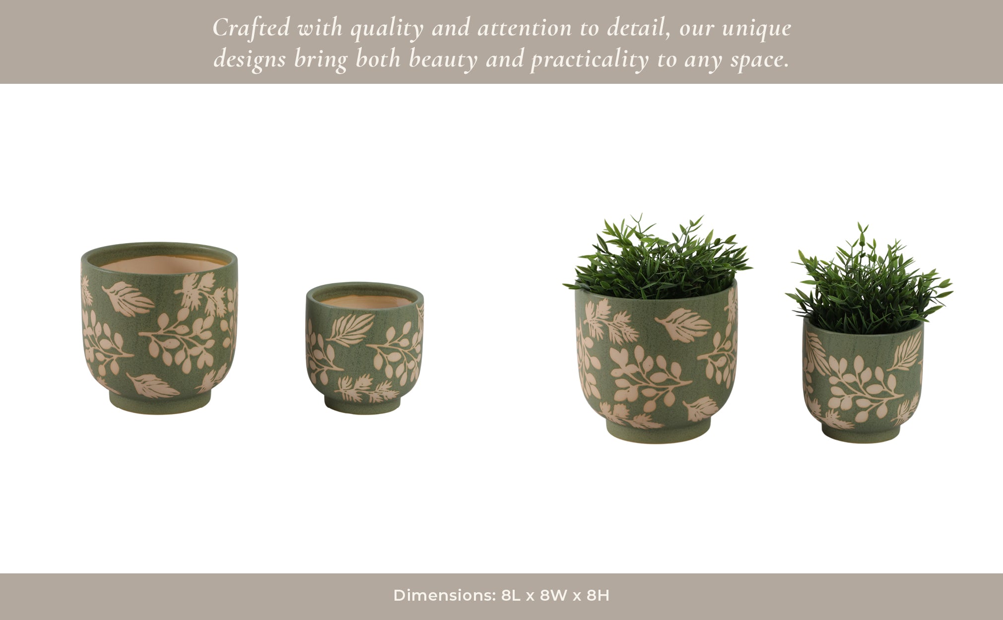 S/2 6/8" Hand Painted Leaves Planters, Green/tan Planter| Sagebrook Home