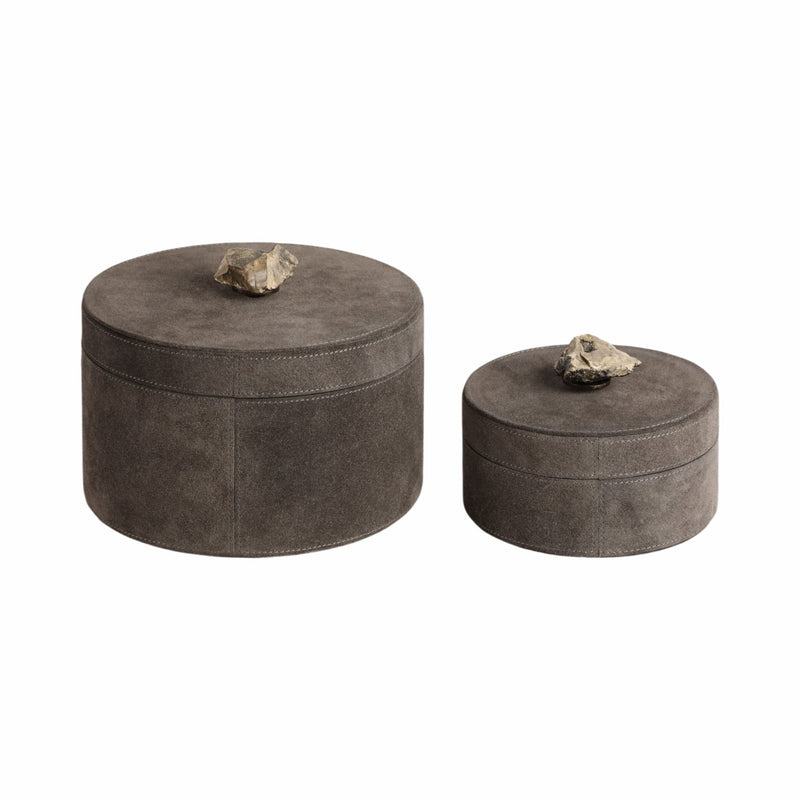 S/2 6/8" Harare Suede Boxes W/stone Knob, Gray - Al Rugaib Furniture