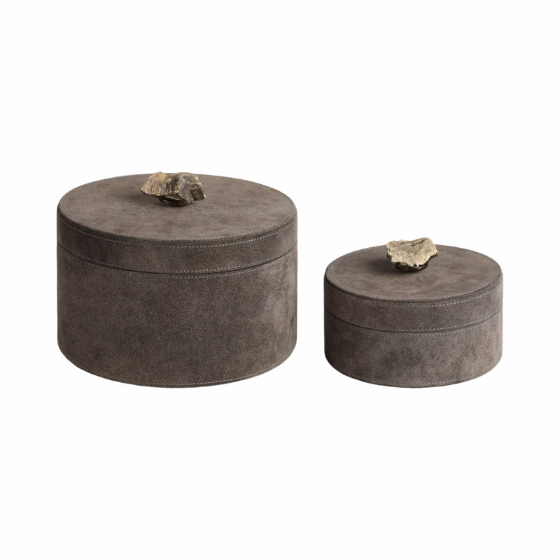 S/2 6/8" Harare Suede Boxes W/stone Knob, Gray - Al Rugaib Furniture