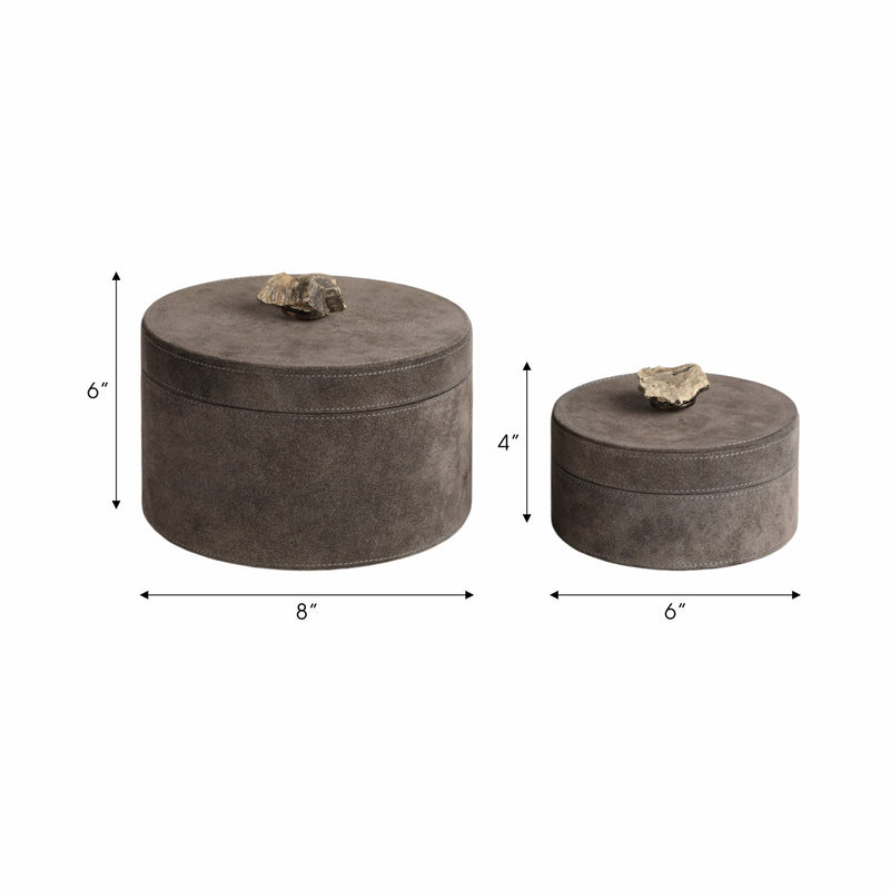S/2 6/8" Harare Suede Boxes W/stone Knob, Gray - Al Rugaib Furniture