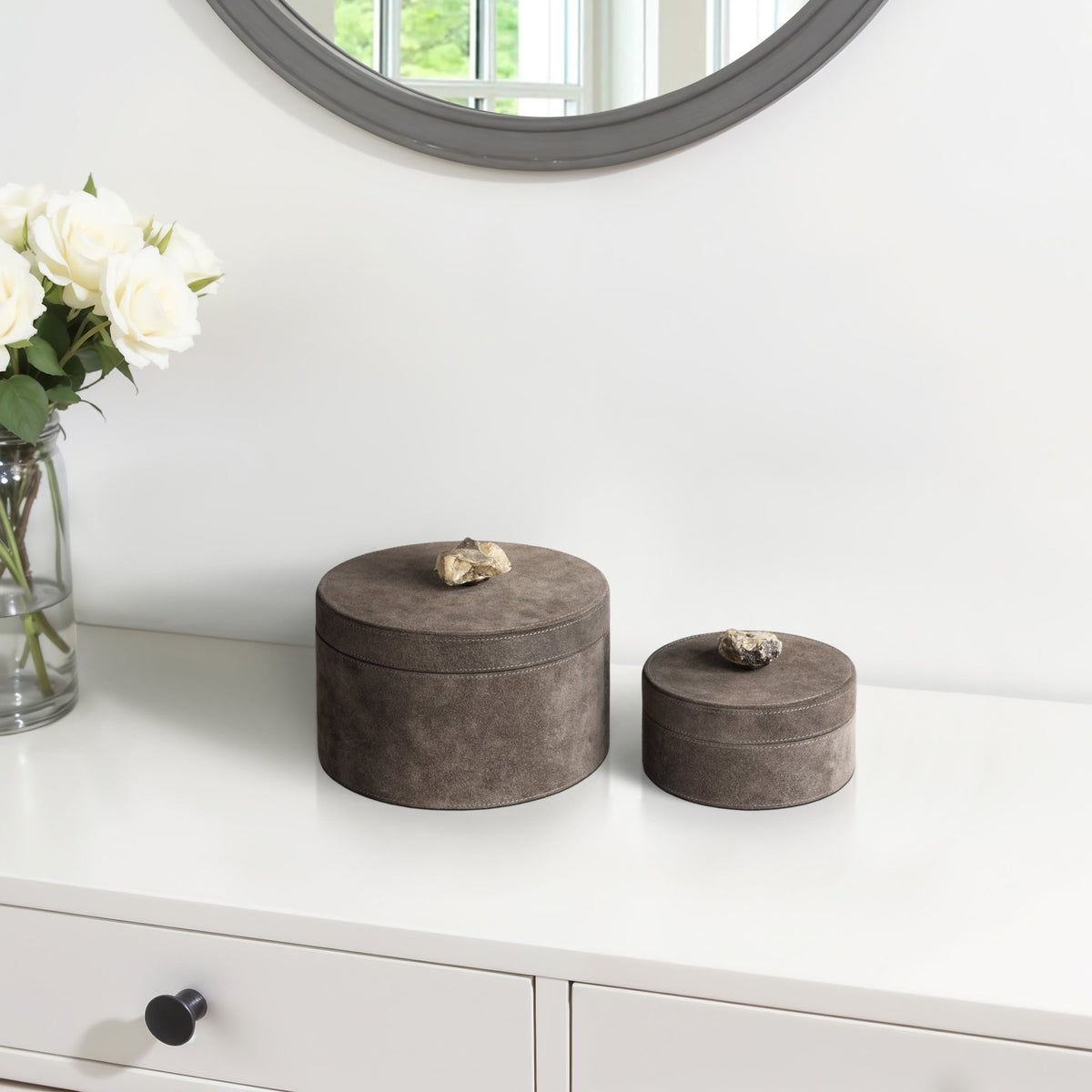 S/2 6/8" Harare Suede Boxes W/stone Knob, Gray Table Decors| Sagebrook Home