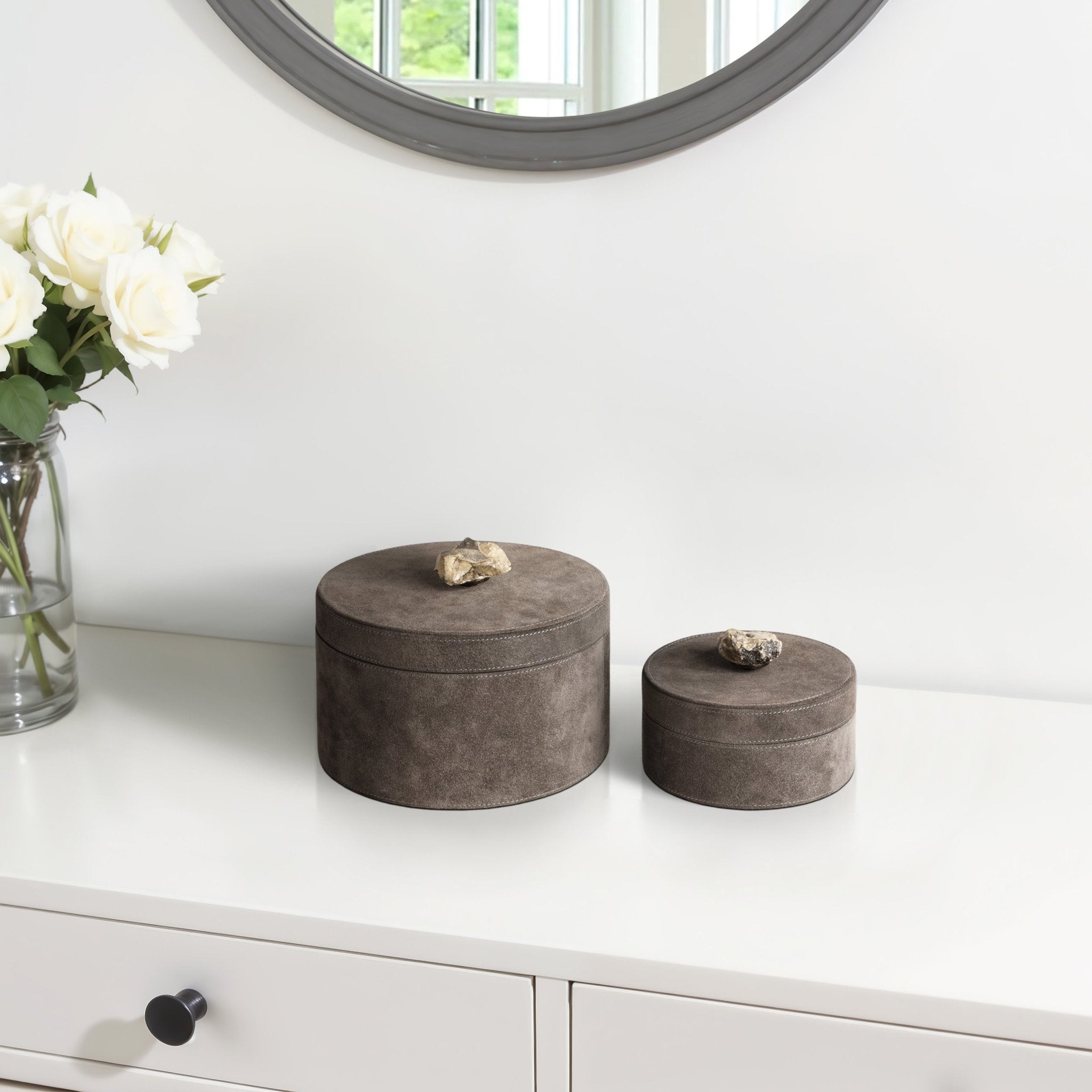 S/2 6/8" Harare Suede Boxes W/stone Knob, Gray Table Decors| Sagebrook Home
