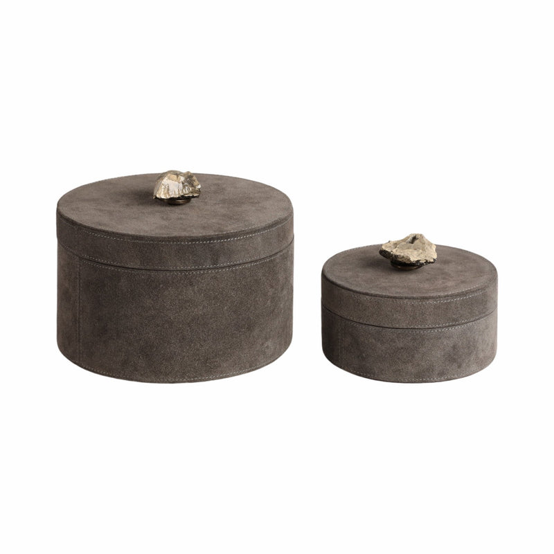 S/2 6/8" Harare Suede Boxes W/stone Knob, Gray - Al Rugaib Furniture