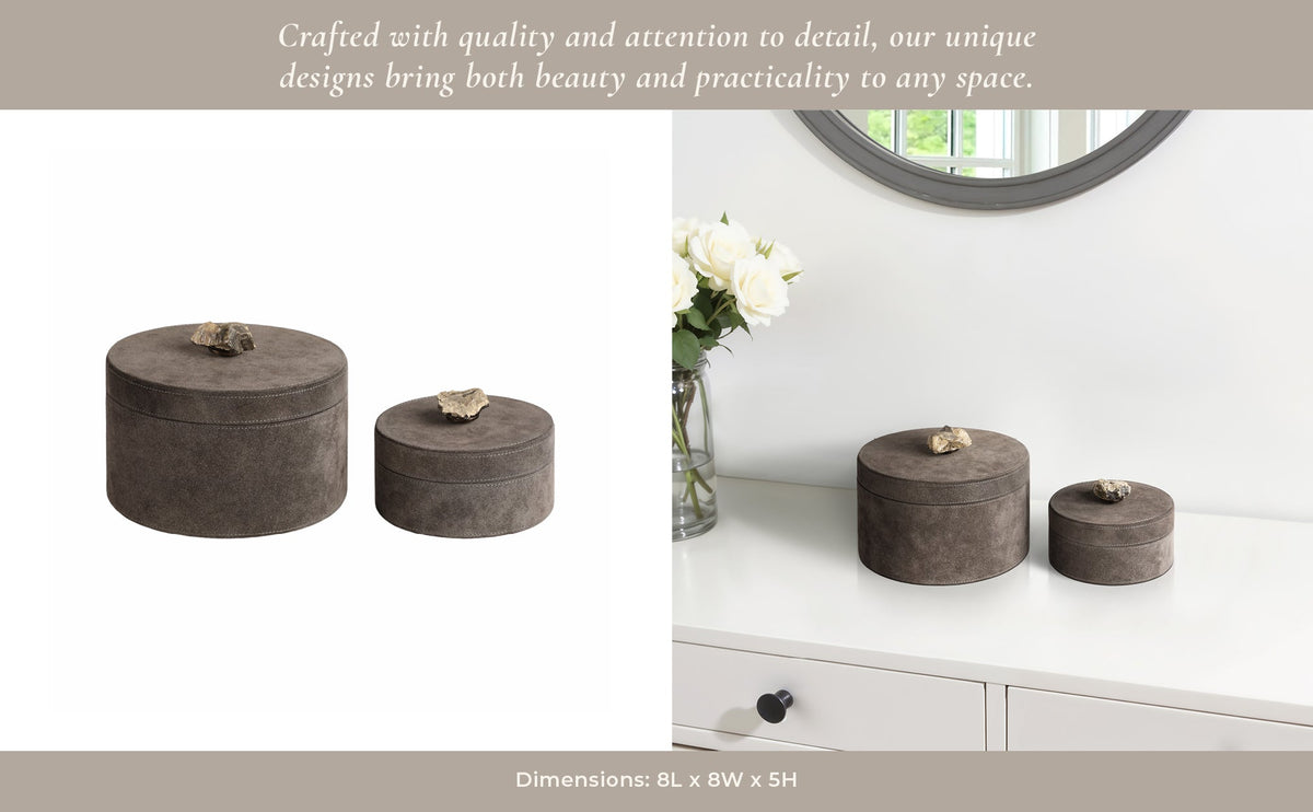 S/2 6/8" Harare Suede Boxes W/stone Knob, Gray Table Decors| Sagebrook Home