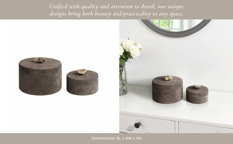 S/2 6/8" Harare Suede Boxes W/stone Knob, Gray - Al Rugaib Furniture