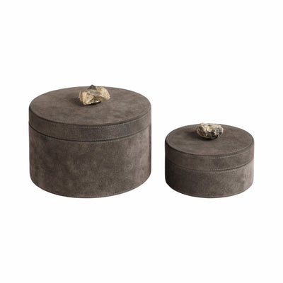 S/2 6/8" Harare Suede Boxes W/stone Knob, Gray - Al Rugaib Furniture