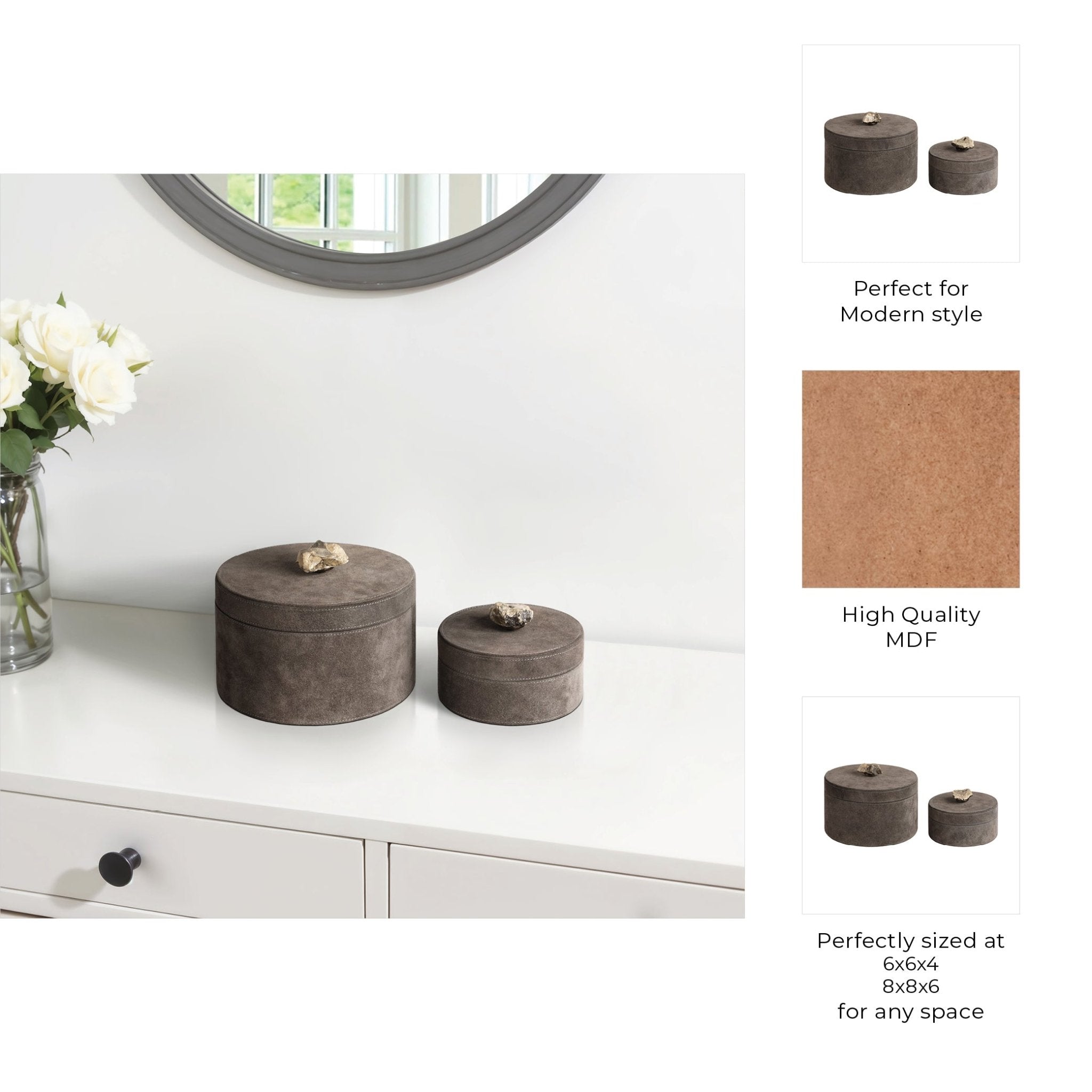 S/2 6/8" Harare Suede Boxes W/stone Knob, Gray Table Decors| Sagebrook Home