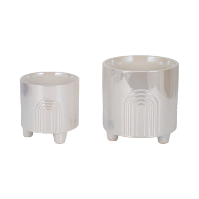 S/2 6/8" Iridescent Bravais Footed Planters, Ivory - Al Rugaib Furniture
