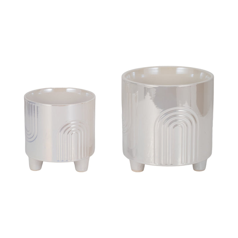 S/2 6/8" Iridescent Bravais Footed Planters, Ivory - Al Rugaib Furniture