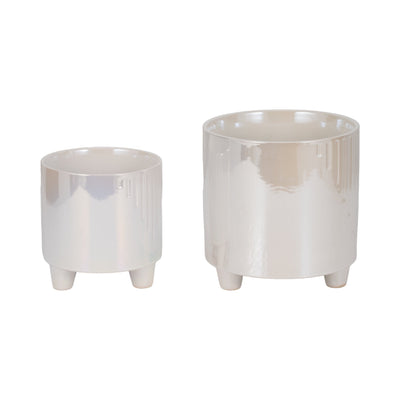 S/2 6/8" Iridescent Line Footed Planters, Ivory - Al Rugaib Furniture