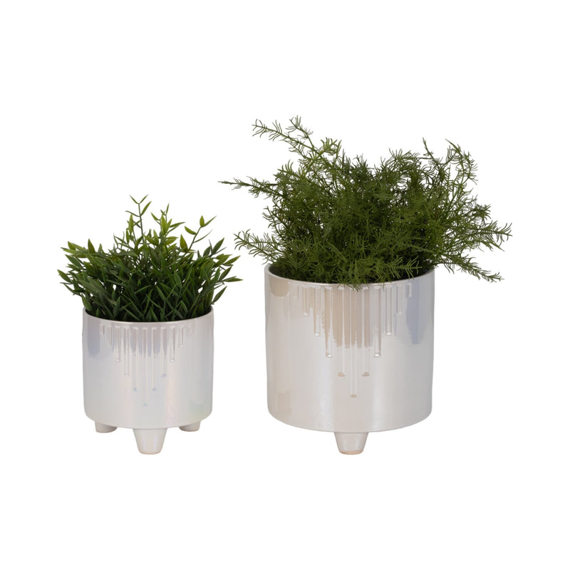 S/2 6/8" Iridescent Line Footed Planters, Ivory - Al Rugaib Furniture