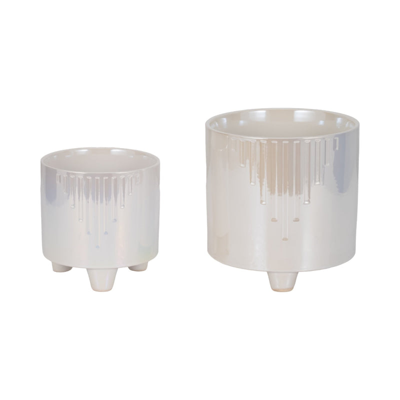 S/2 6/8" Iridescent Line Footed Planters, Ivory - Al Rugaib Furniture