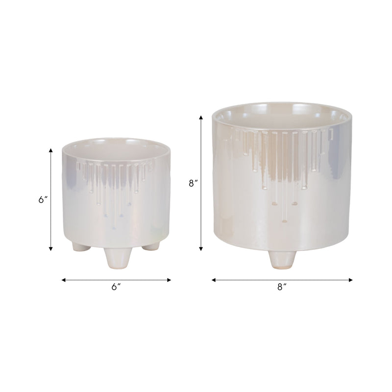 S/2 6/8" Iridescent Line Footed Planters, Ivory - Al Rugaib Furniture