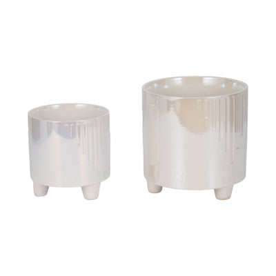 S/2 6/8" Iridescent Line Footed Planters, Ivory - Al Rugaib Furniture