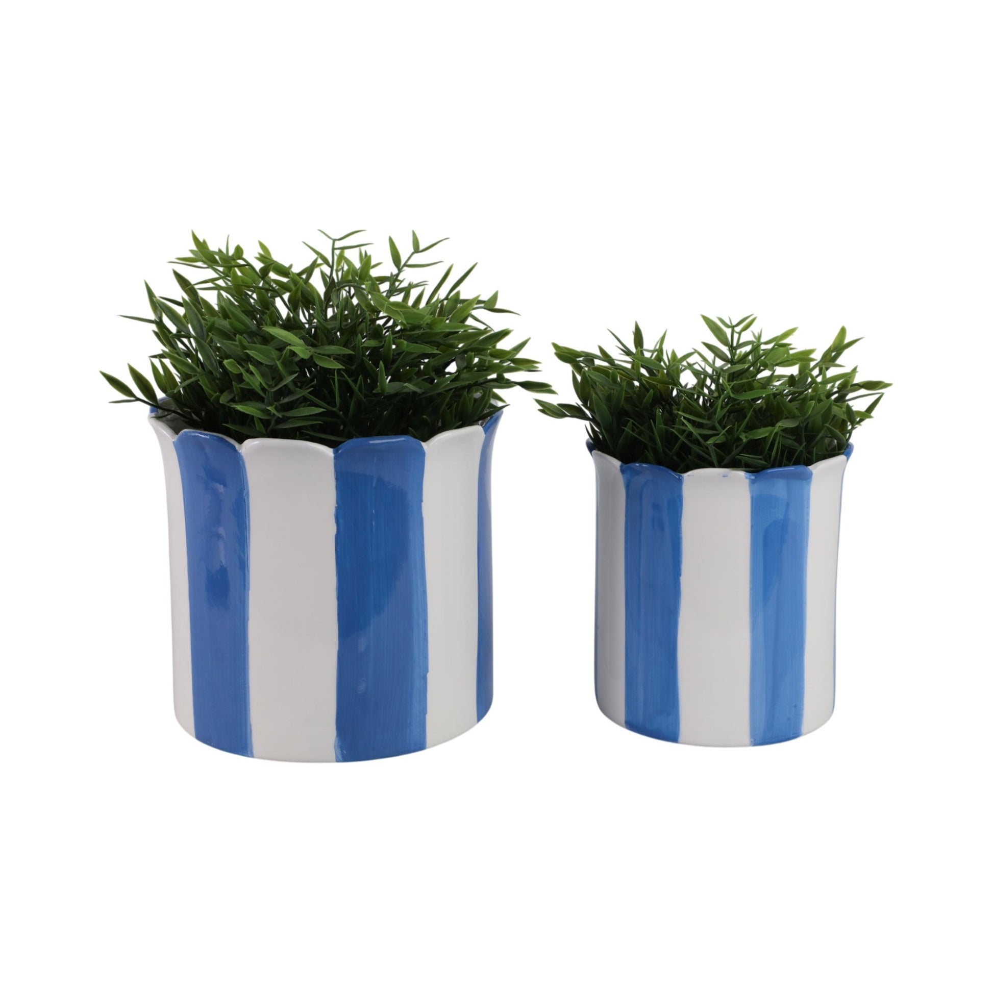 S/2 6/8" Striped Scallop Edge Planters, White/blue Planter| Sagebrook Home