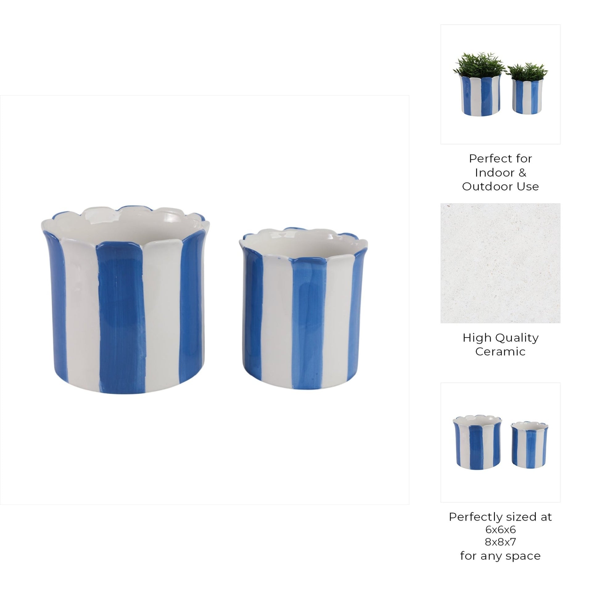S/2 6/8" Striped Scallop Edge Planters, White/blue Planter| Sagebrook Home