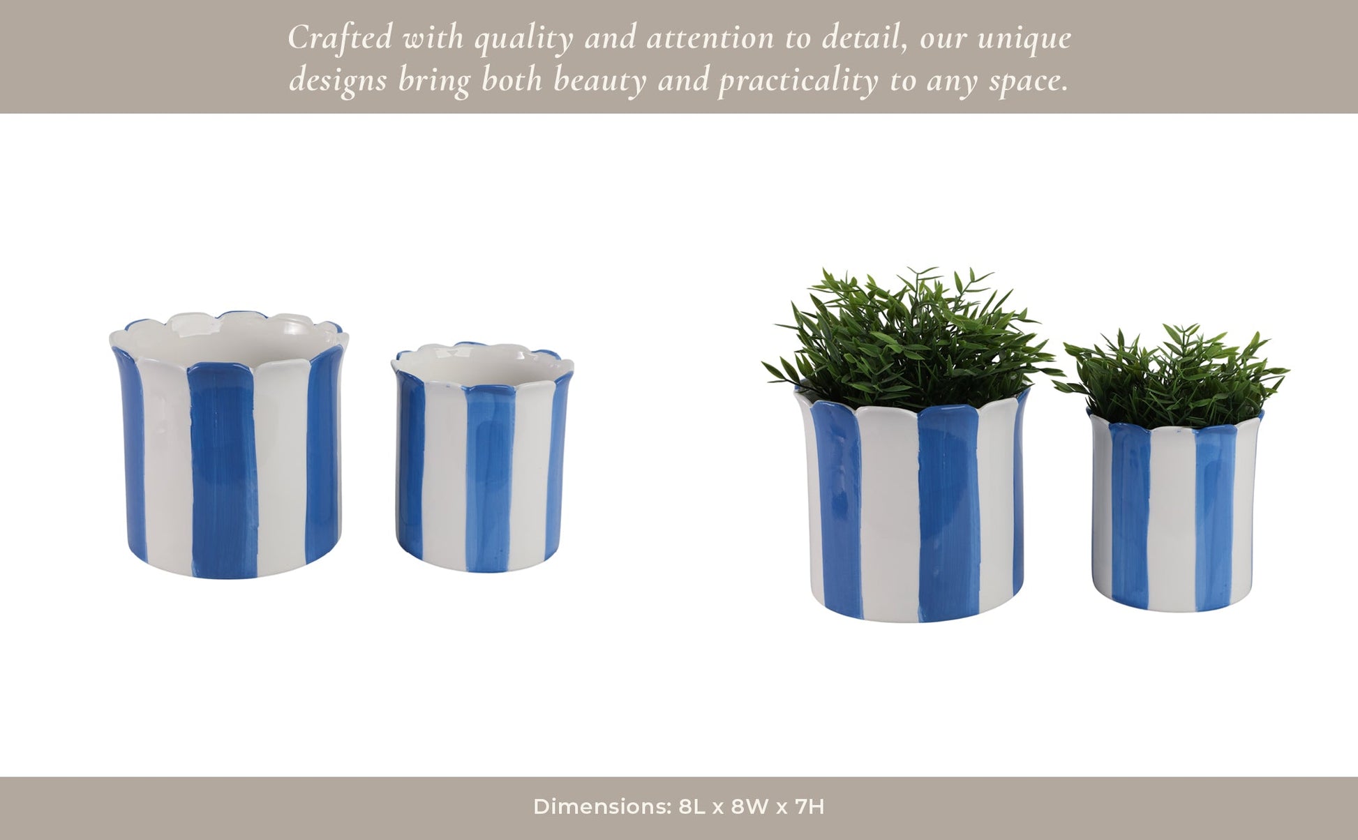 S/2 6/8" Striped Scallop Edge Planters, White/blue Planter| Sagebrook Home