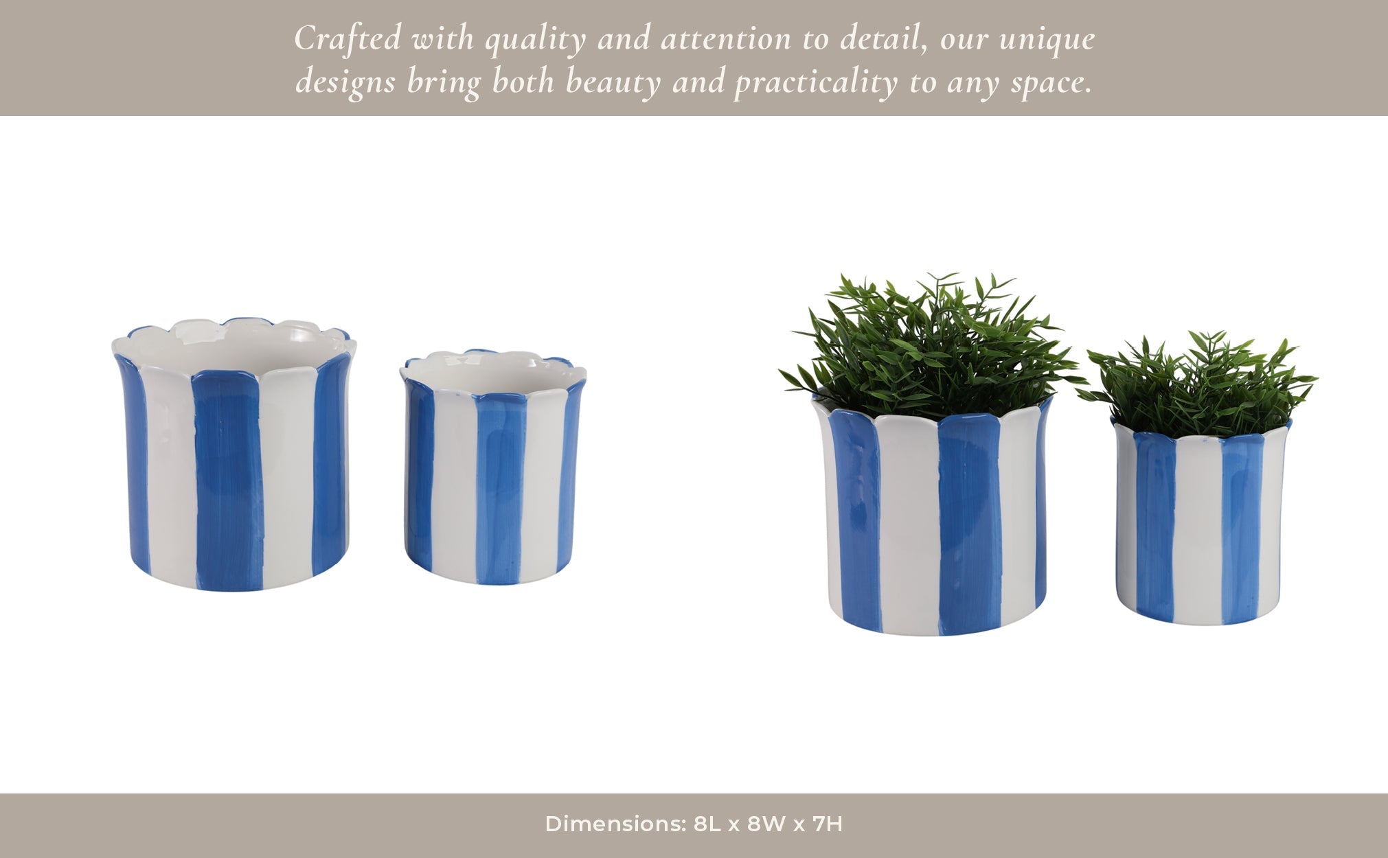 S/2 6/8" Striped Scallop Edge Planters, White/blue Planter| Sagebrook Home