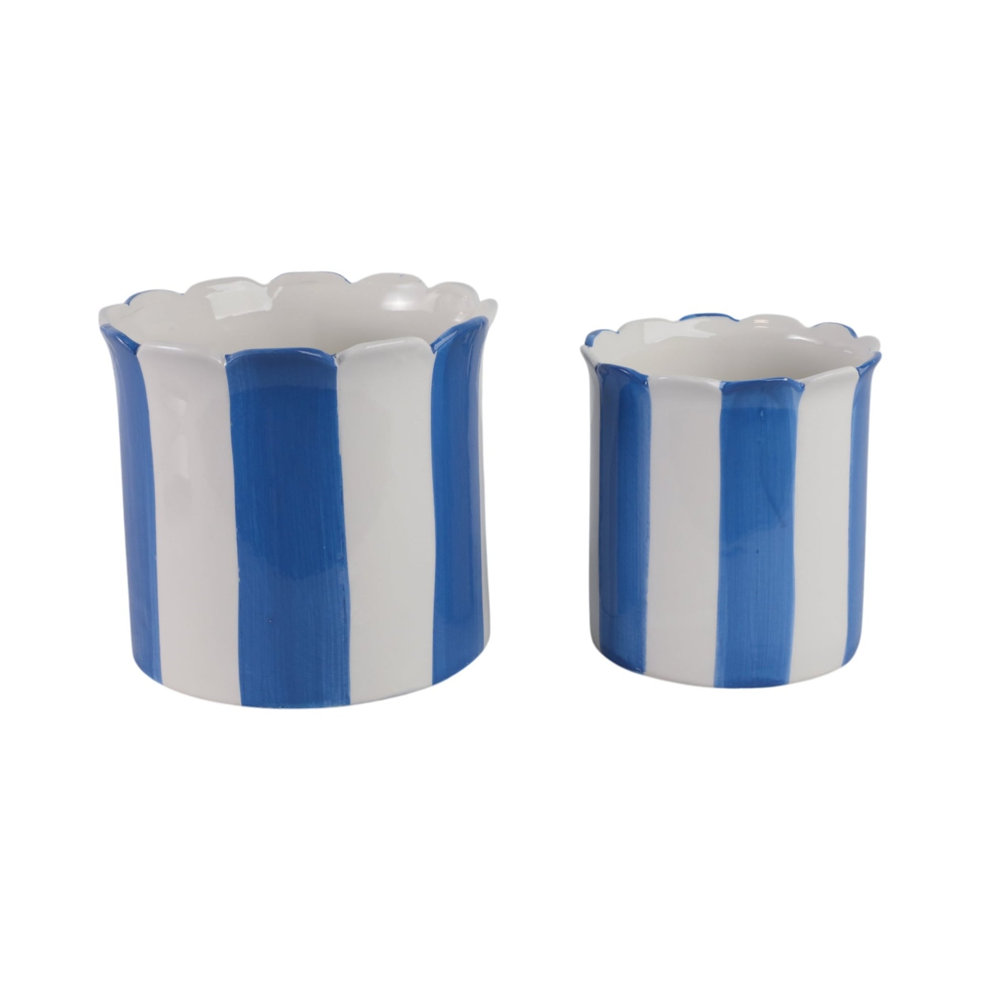 S/2 6/8" Striped Scallop Edge Planters, White/blue Planter| Sagebrook Home
