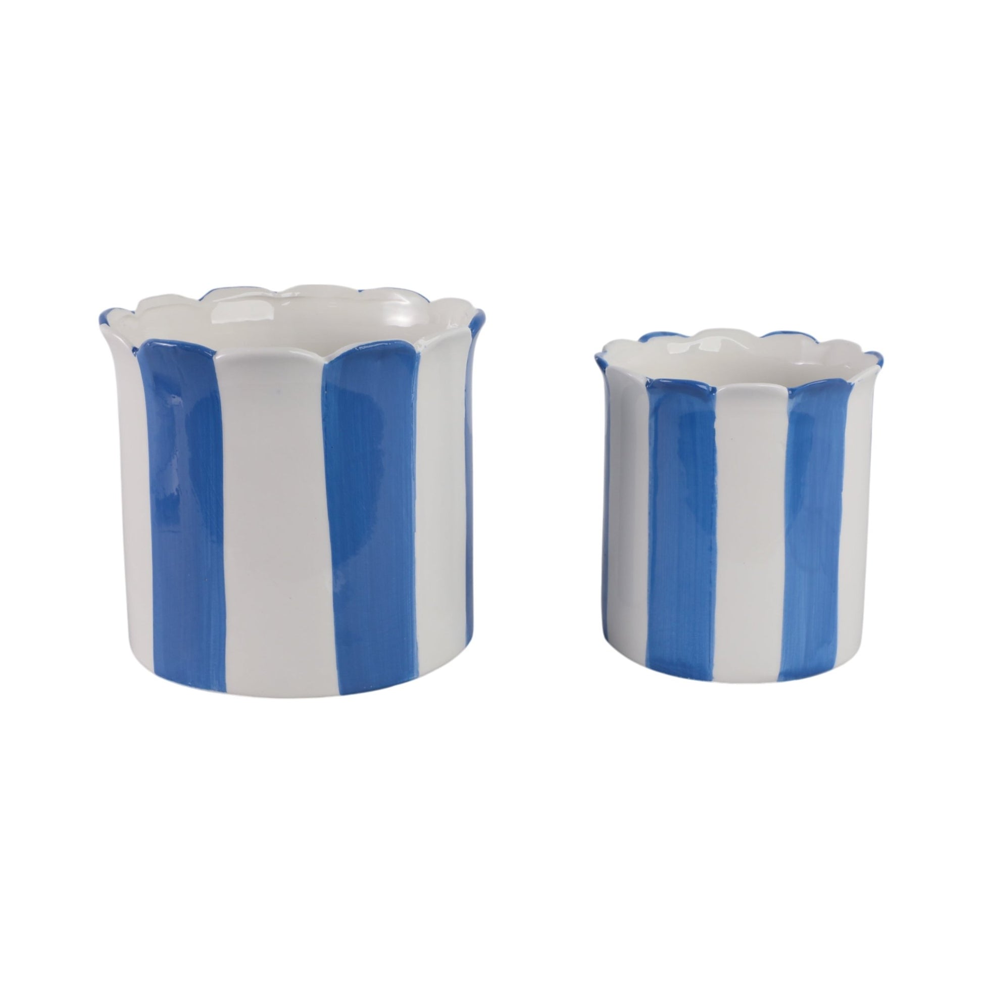 S/2 6/8" Striped Scallop Edge Planters, White/blue Planter| Sagebrook Home