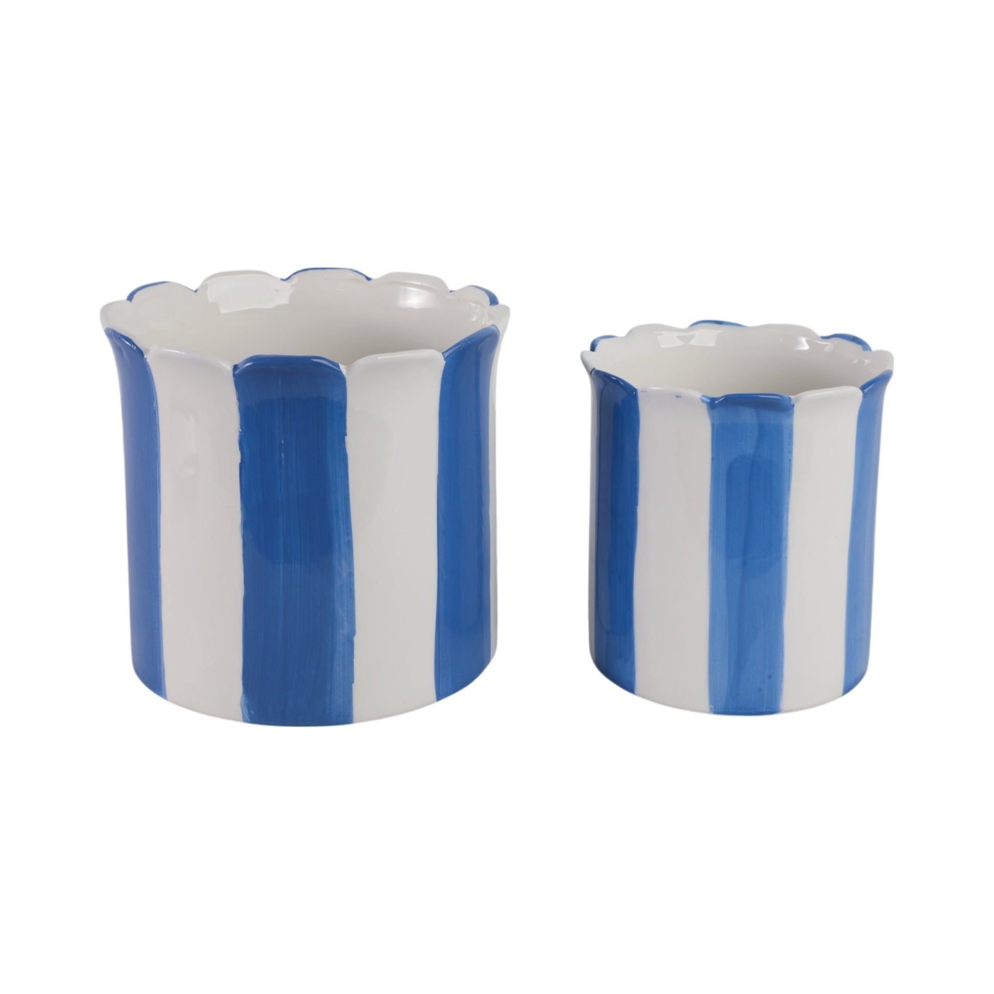 S/2 6/8" Striped Scallop Edge Planters, White/blue Planter| Sagebrook Home
