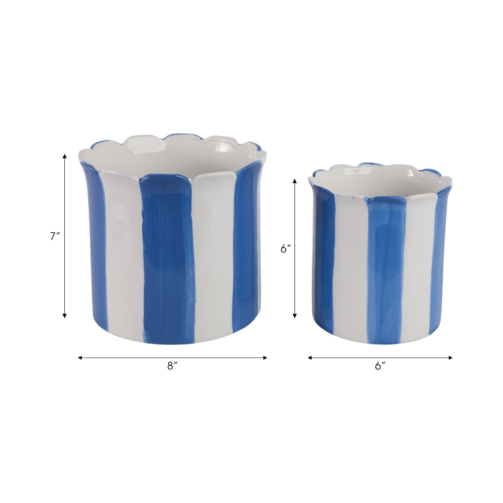 S/2 6/8" Striped Scallop Edge Planters, White/blue Planter| Sagebrook Home