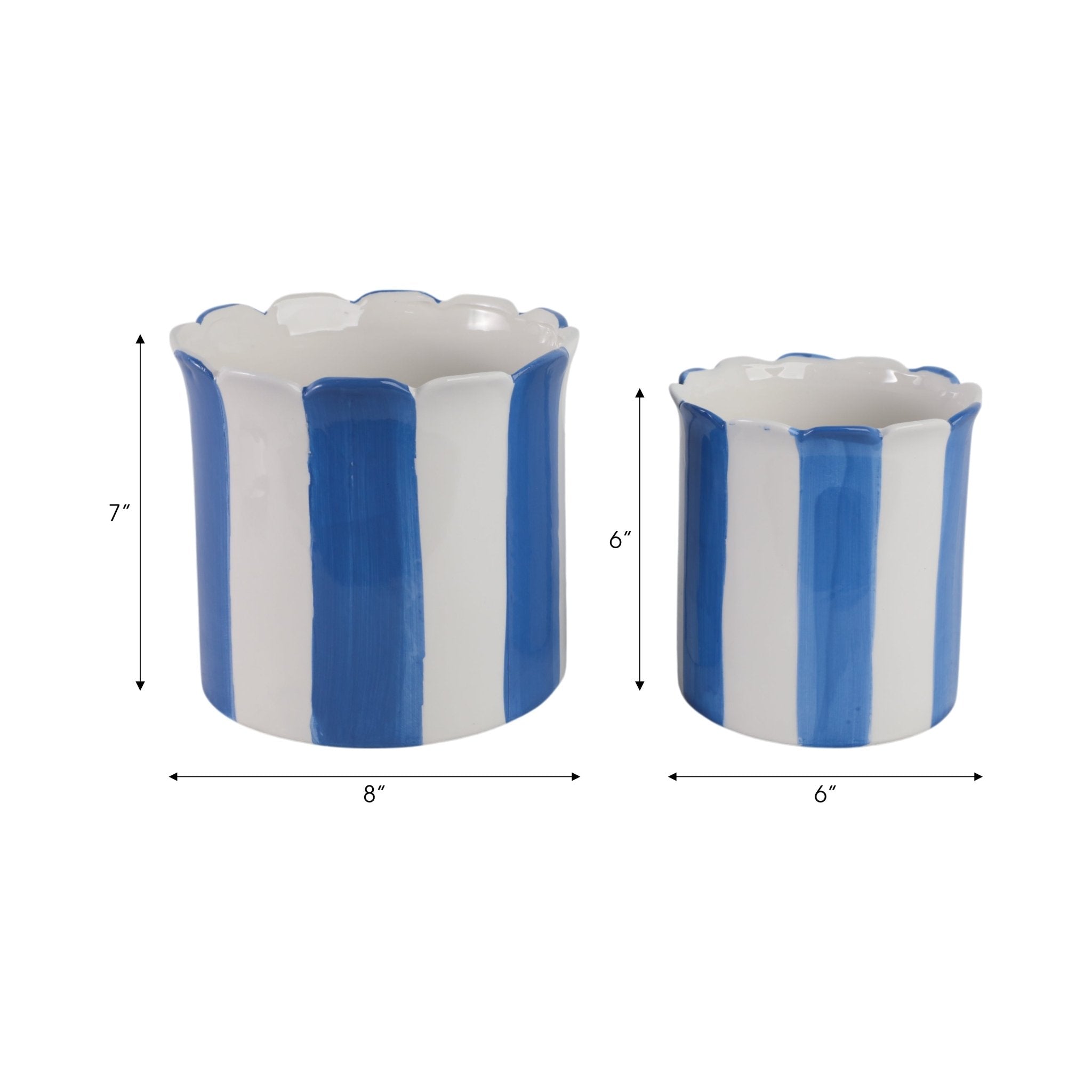 S/2 6/8" Striped Scallop Edge Planters, White/blue Planter| Sagebrook Home