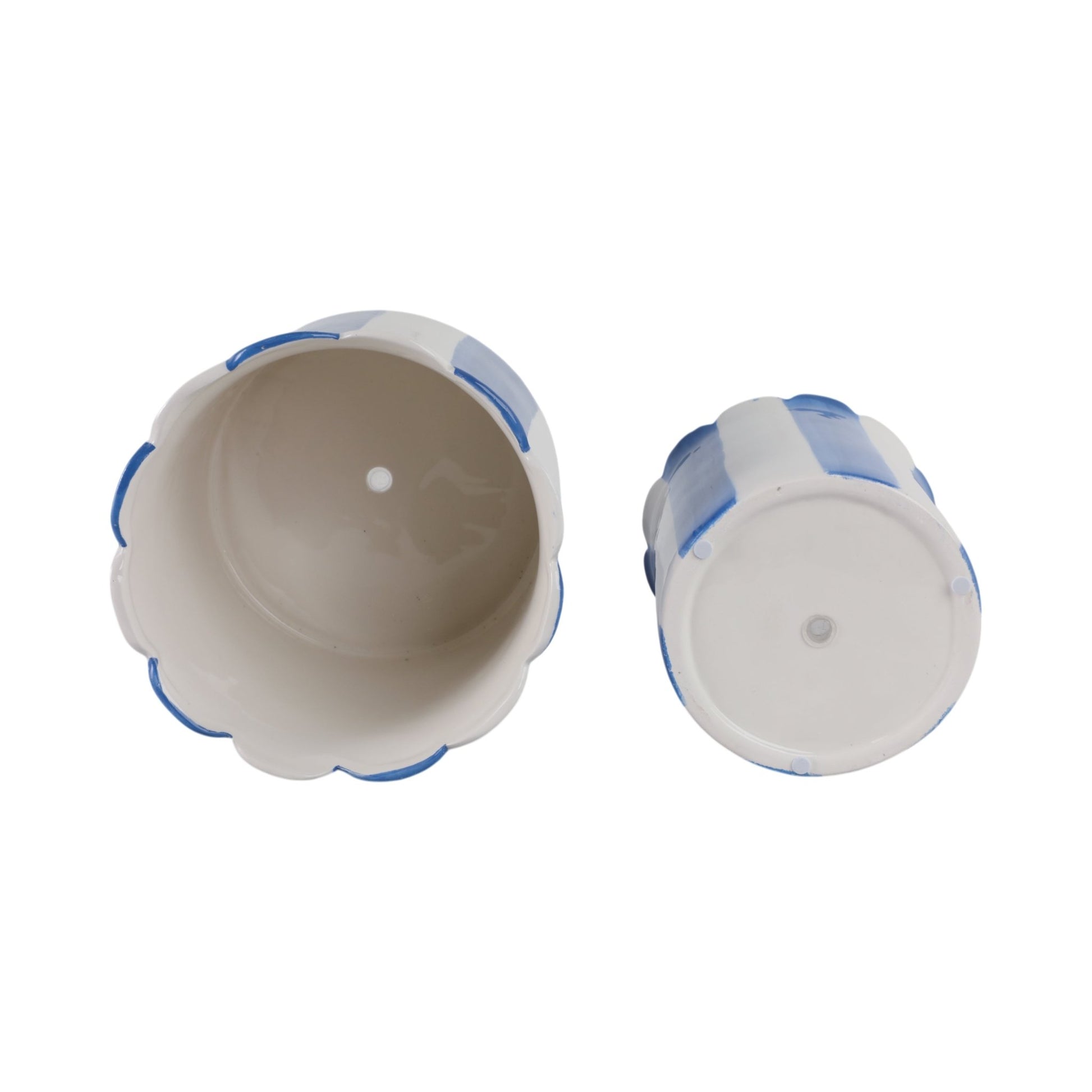S/2 6/8" Striped Scallop Edge Planters, White/blue Planter| Sagebrook Home