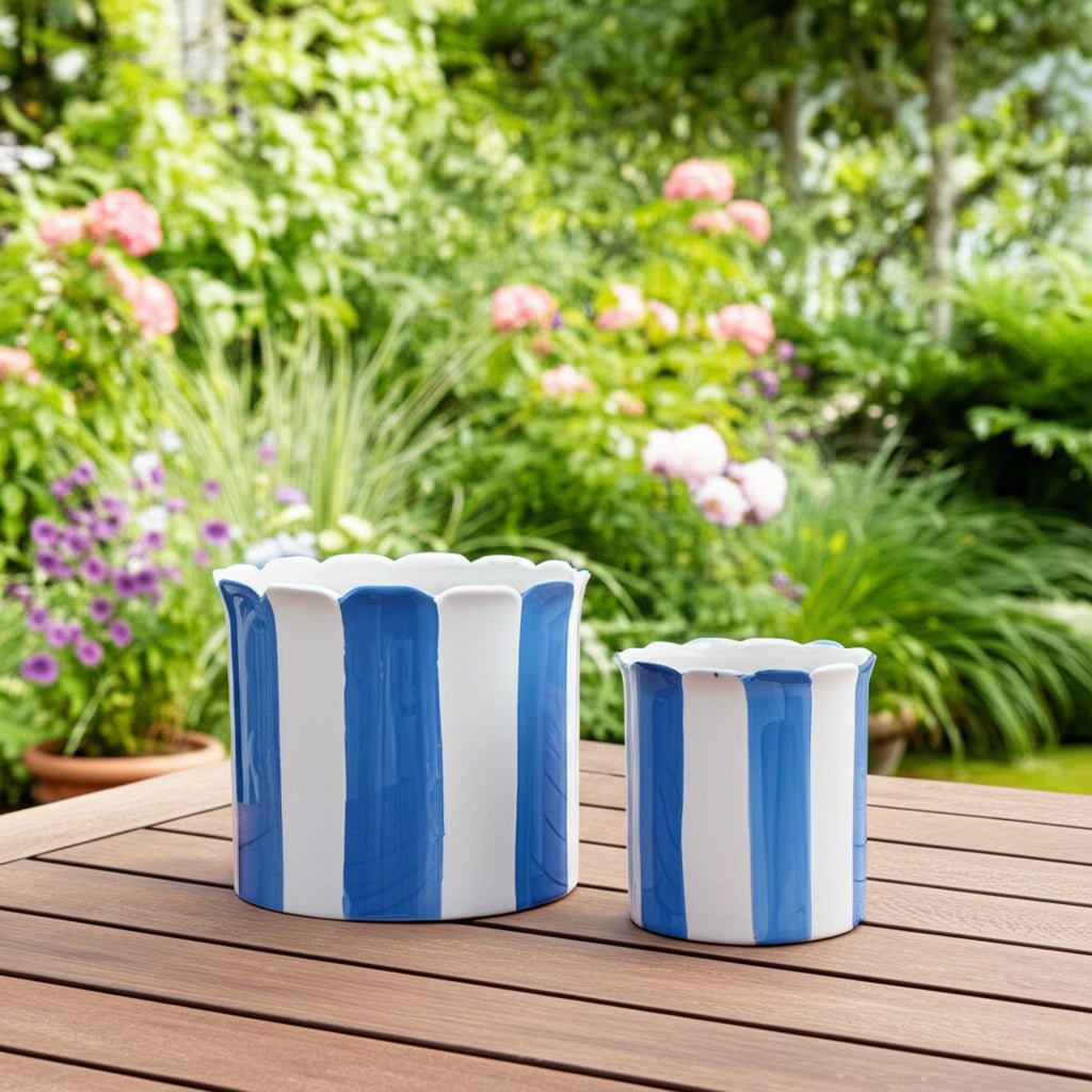 S/2 6/8" Striped Scallop Edge Planters, White/blue Planter| Sagebrook Home