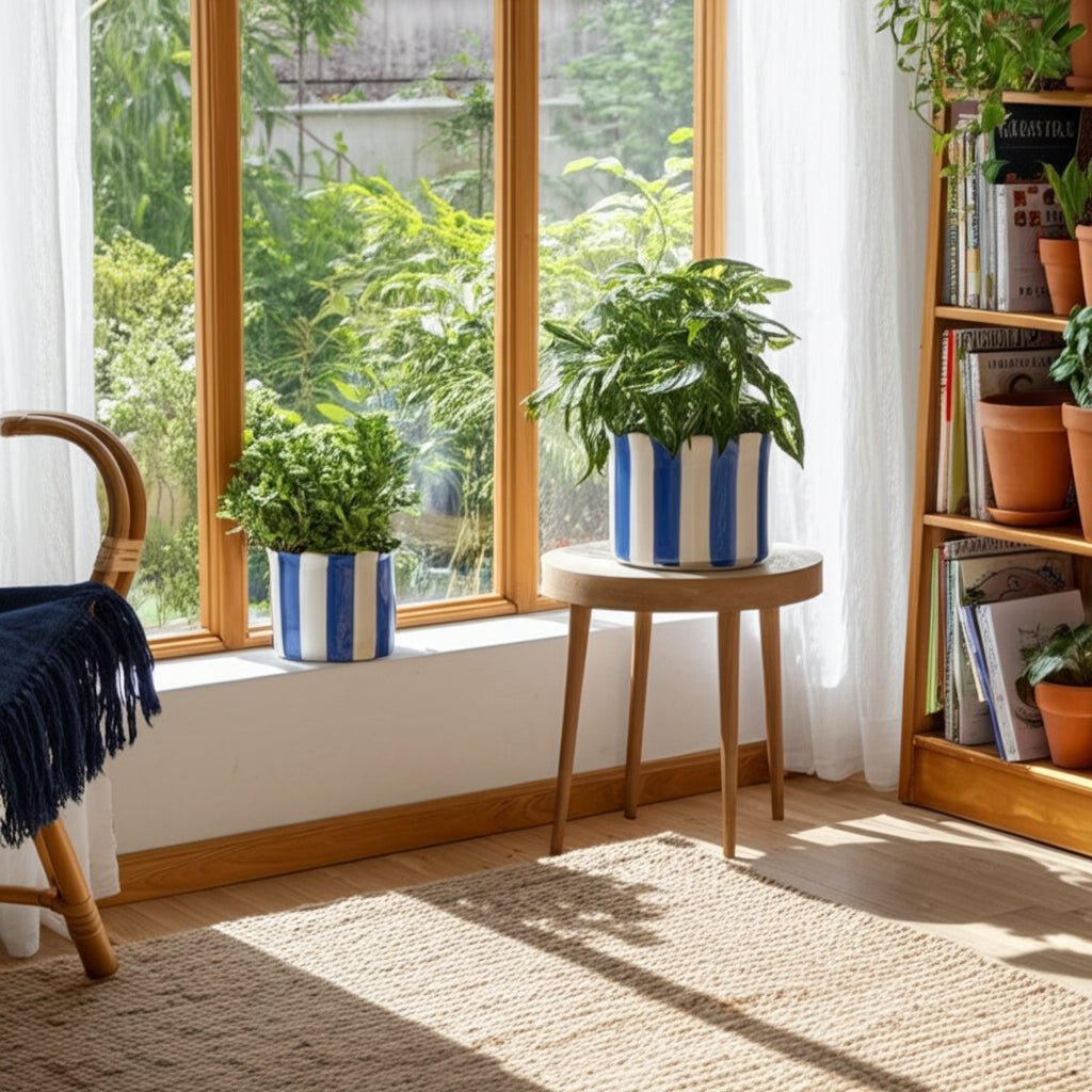 S/2 6/8" Striped Scallop Edge Planters, White/blue Planter| Sagebrook Home