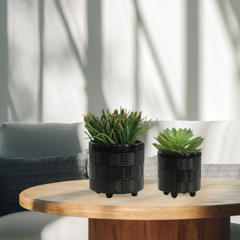 S/2 6/8" TEXTURED PLANTERS, SHINY BLACK - Al Rugaib Furniture