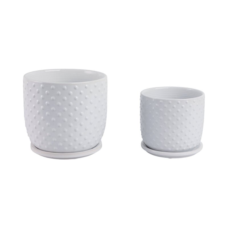 S/2 6/8" Tiny Dots Planter W/ Saucer, White - Al Rugaib Furniture