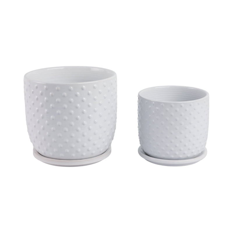 S/2 6/8" Tiny Dots Planter W/ Saucer, White - Al Rugaib Furniture