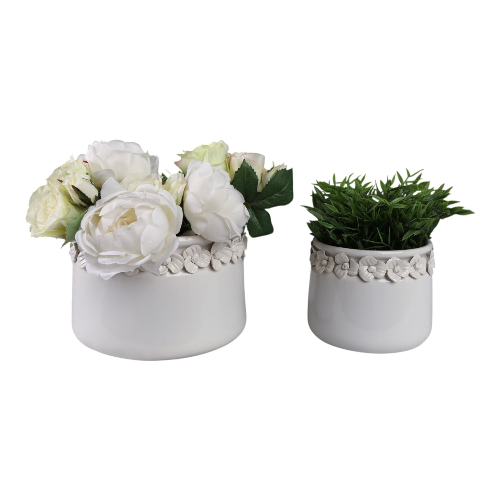 S/2 7/10" FLORAL APPLIQUE PLANTER, WHITE Planter| Sagebrook Home