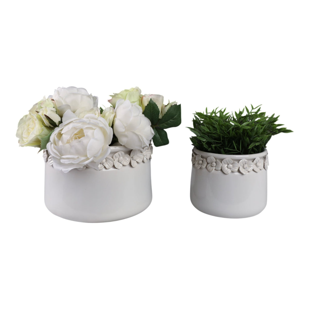 S/2 7/10" FLORAL APPLIQUE PLANTER, WHITE Planter| Sagebrook Home