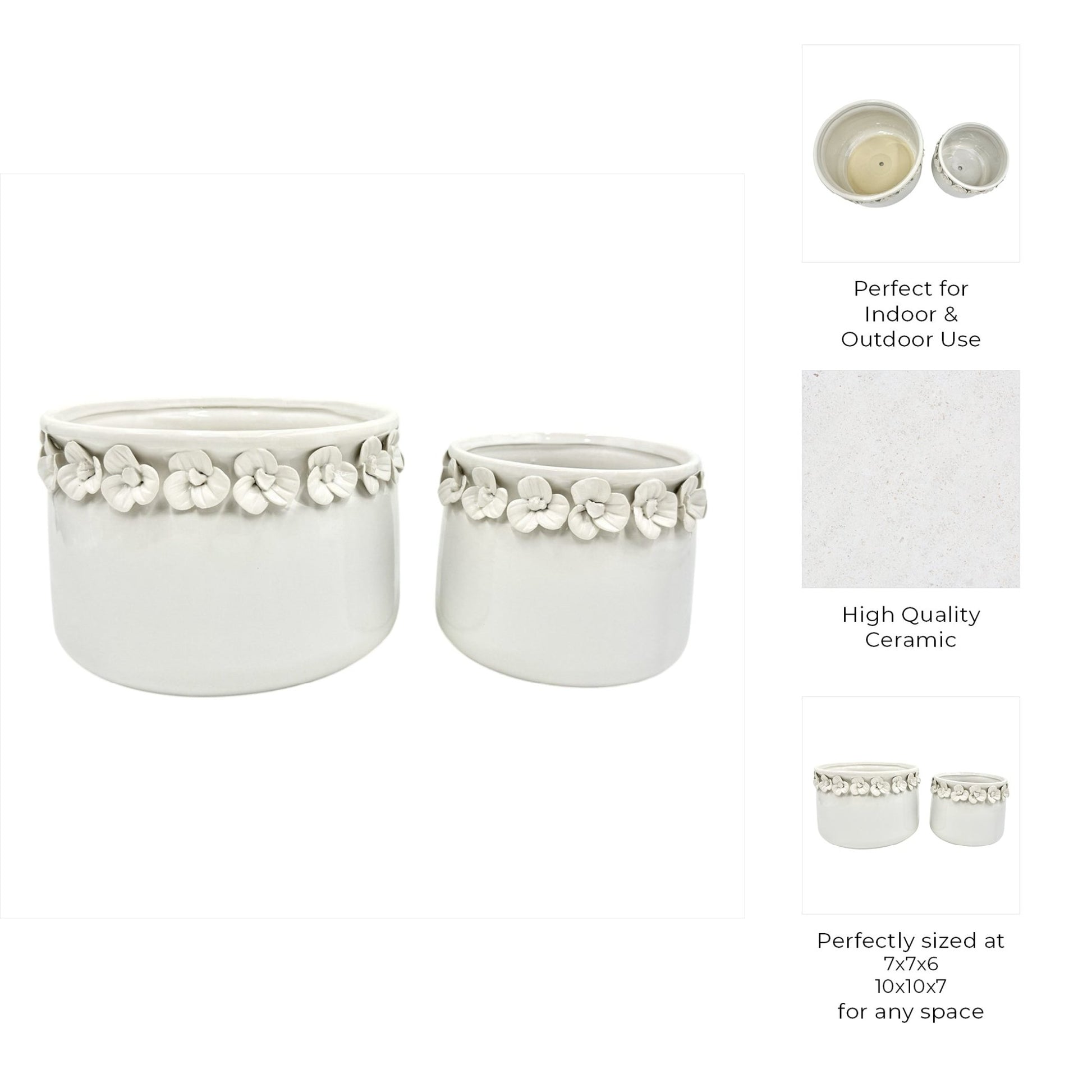 S/2 7/10" FLORAL APPLIQUE PLANTER, WHITE Planter| Sagebrook Home