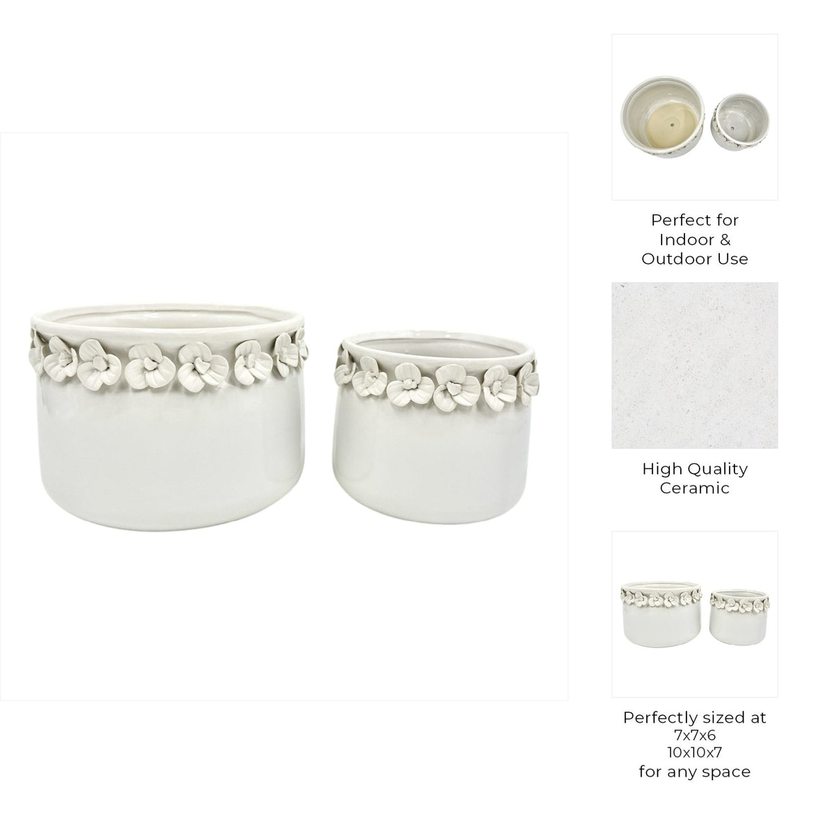 S/2 7/10" FLORAL APPLIQUE PLANTER, WHITE Planter| Sagebrook Home
