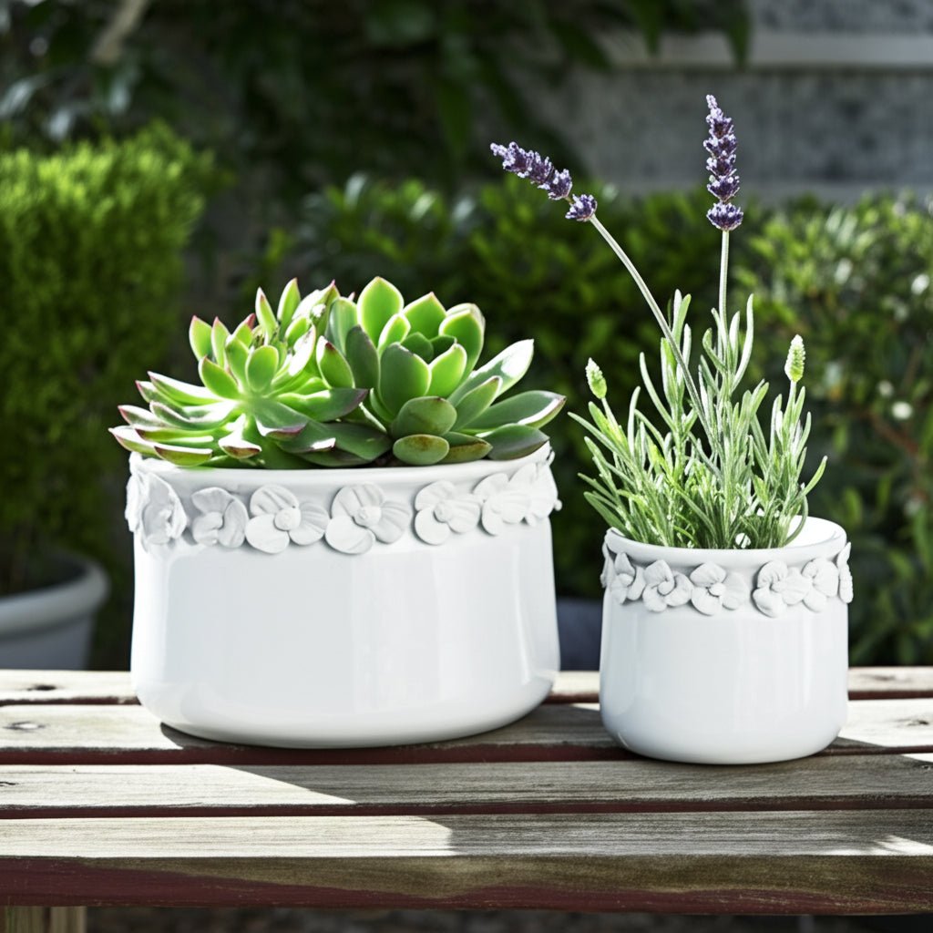 S/2 7/10" FLORAL APPLIQUE PLANTER, WHITE Planter| Sagebrook Home