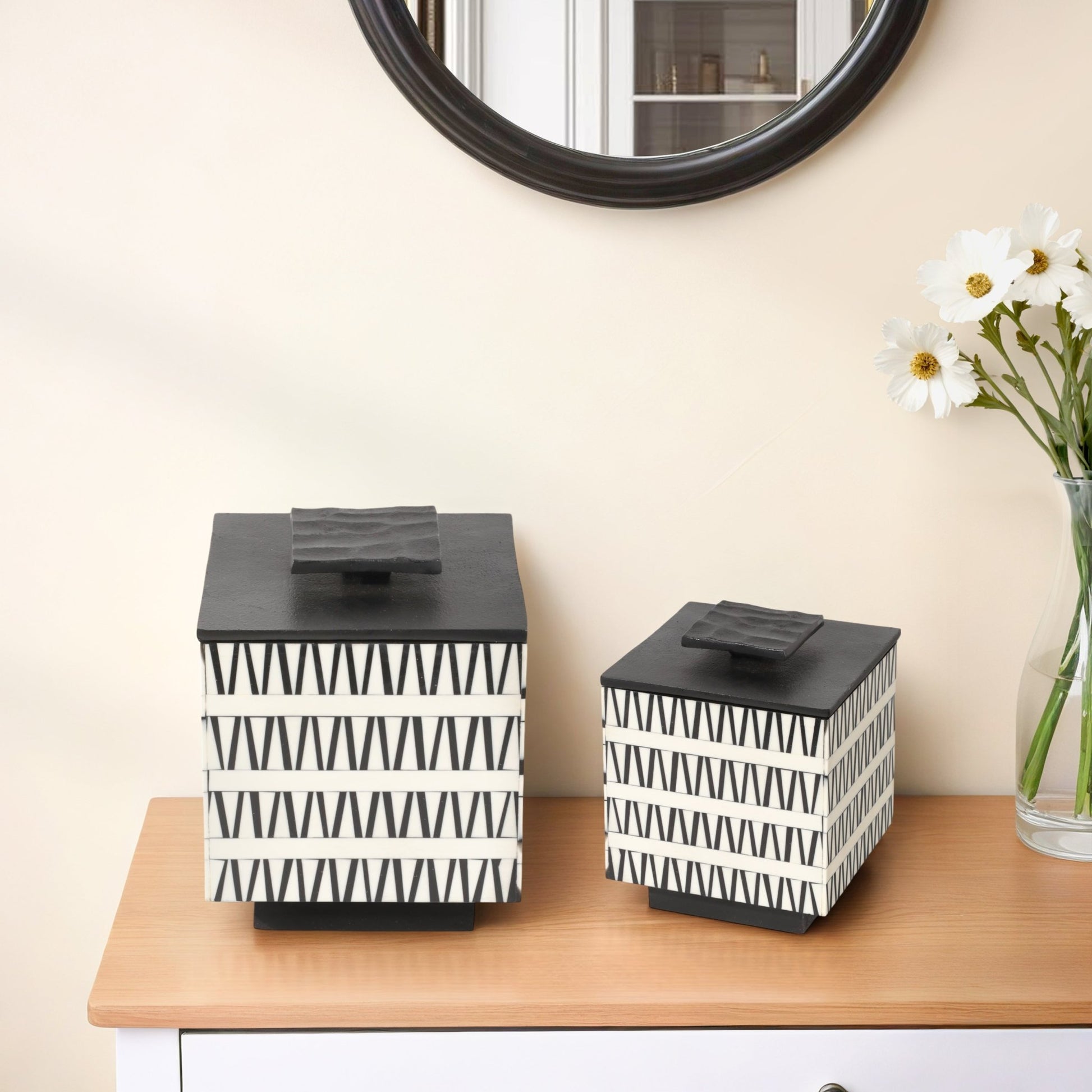 S/2 7/10" Gobiel Black & White Resin Boxes Table Decors| Sagebrook Home
