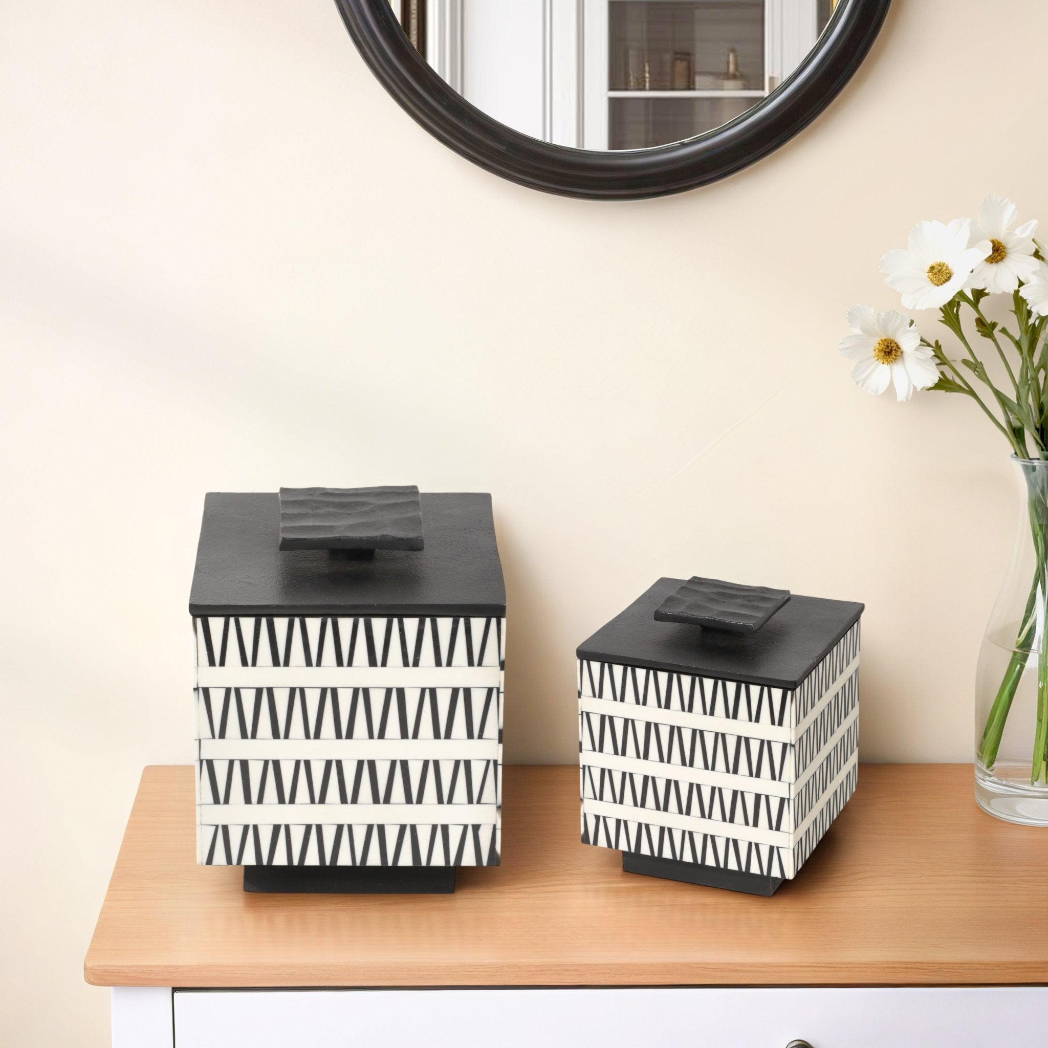 S/2 7/10" Gobiel Black & White Resin Boxes Table Decors| Sagebrook Home