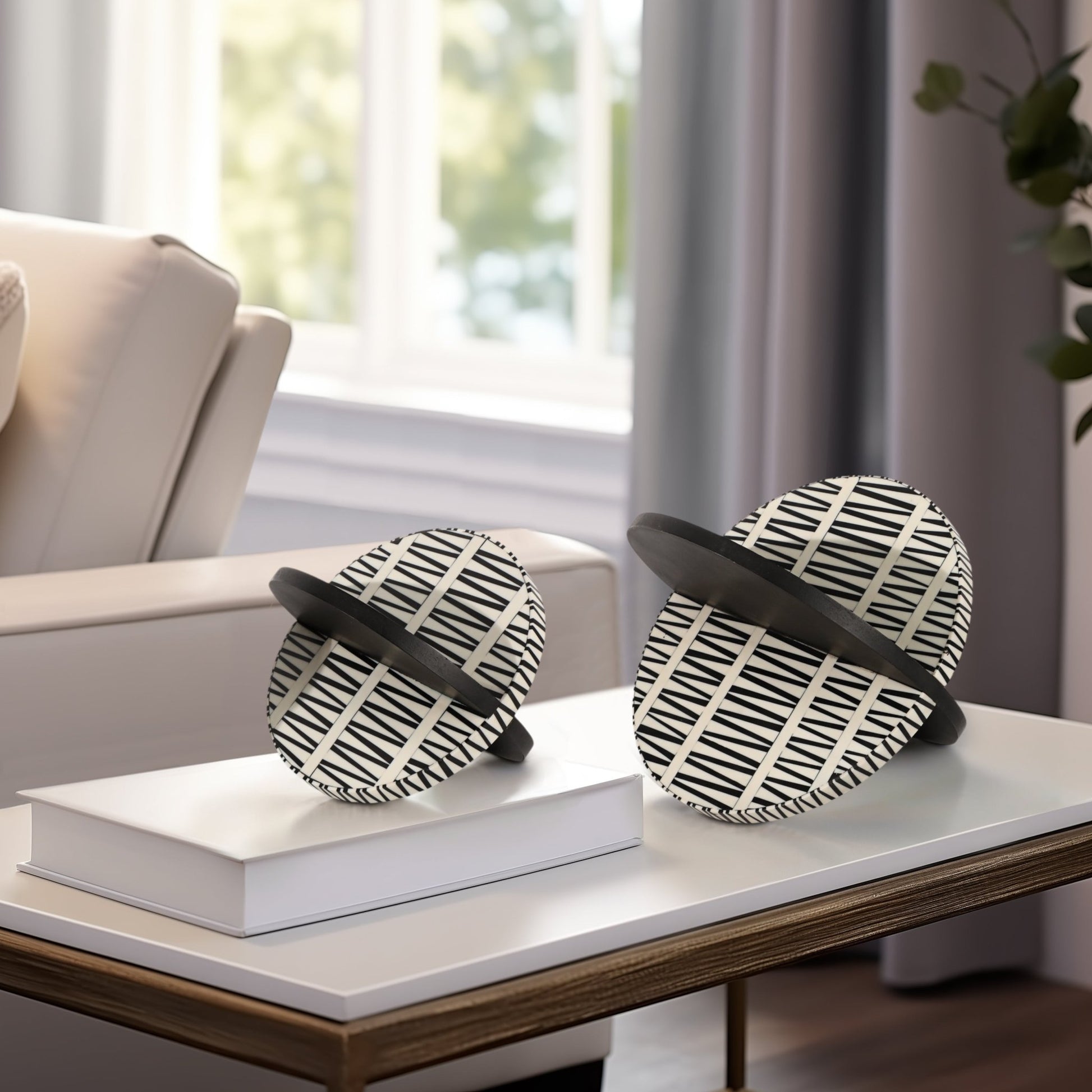S/2 7/10" Gobiel Black & White Resin Orbs Table Decors| Sagebrook Home