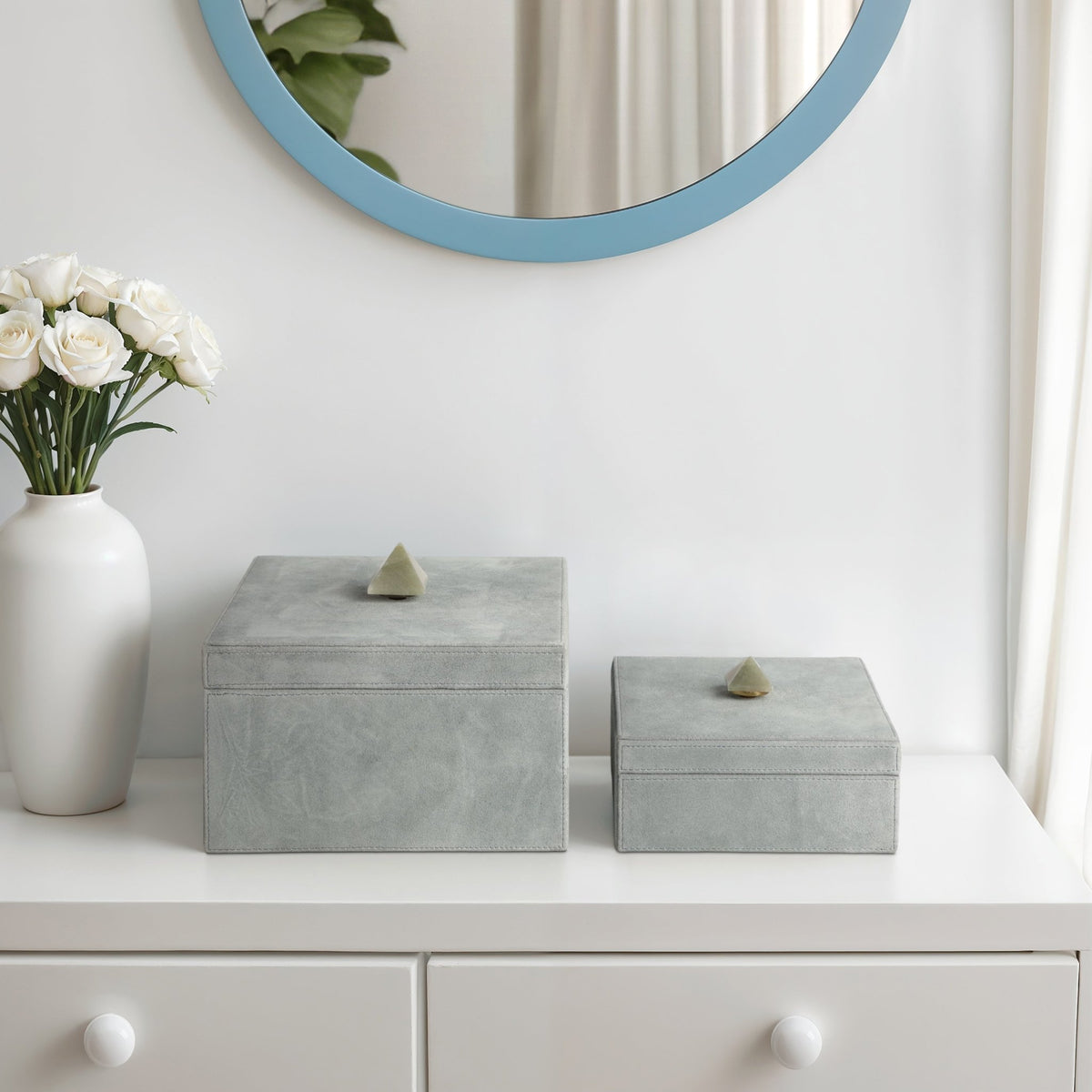 S/2 7/9" HARCOURT SUEDE BOXES W/STONE KNOB, BLUE | Sagebrook Home