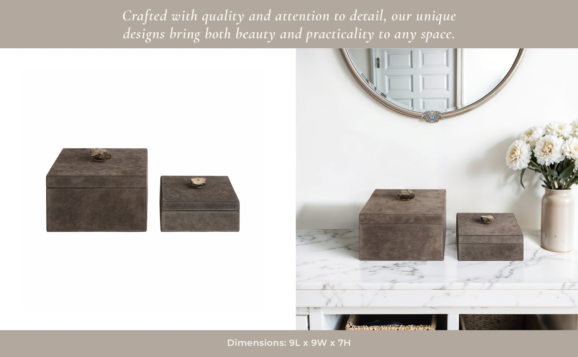 S/2 7/9" SOWETO SUEDE BOXES W/STONE KNOB, GRAY Table Decors| Sagebrook Home