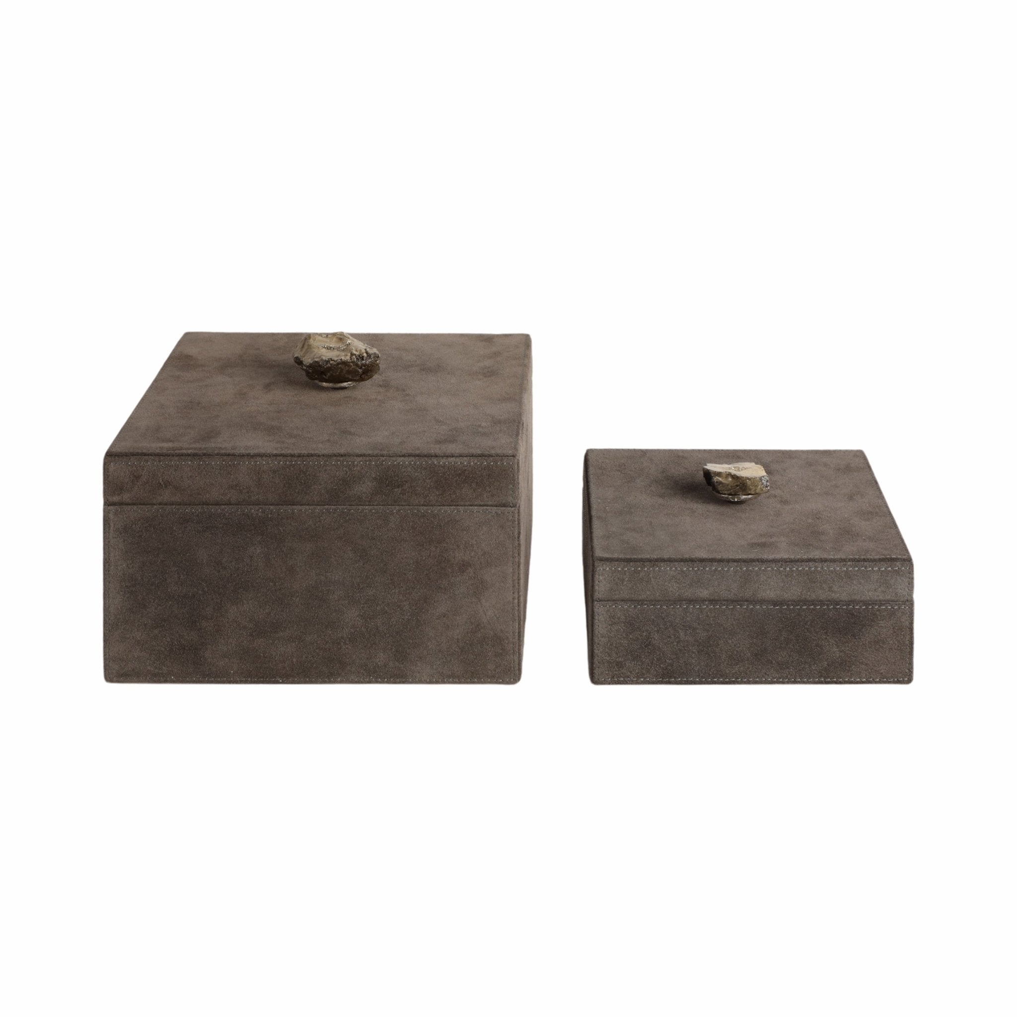 S/2 7/9" SOWETO SUEDE BOXES W/STONE KNOB, GRAY Table Decors| Sagebrook Home