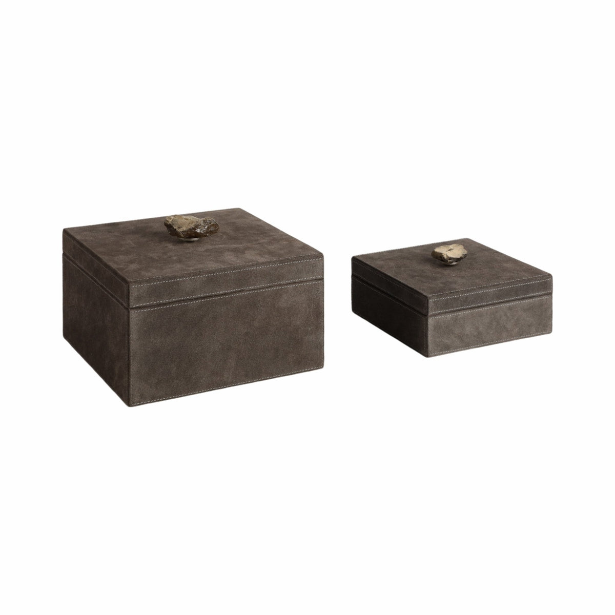 S/2 7/9" SOWETO SUEDE BOXES W/STONE KNOB, GRAY Table Decors| Sagebrook Home