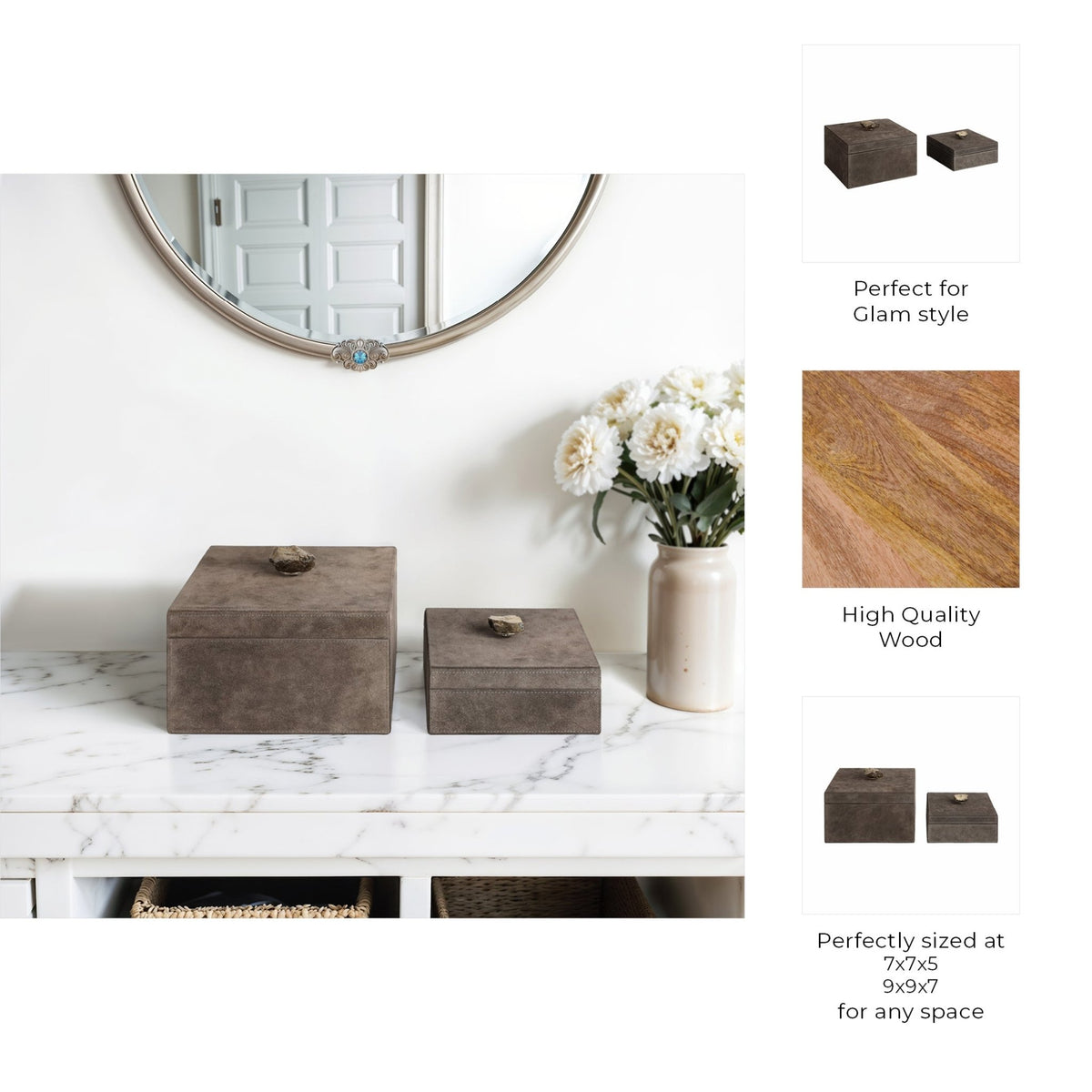 S/2 7/9" SOWETO SUEDE BOXES W/STONE KNOB, GRAY Table Decors| Sagebrook Home