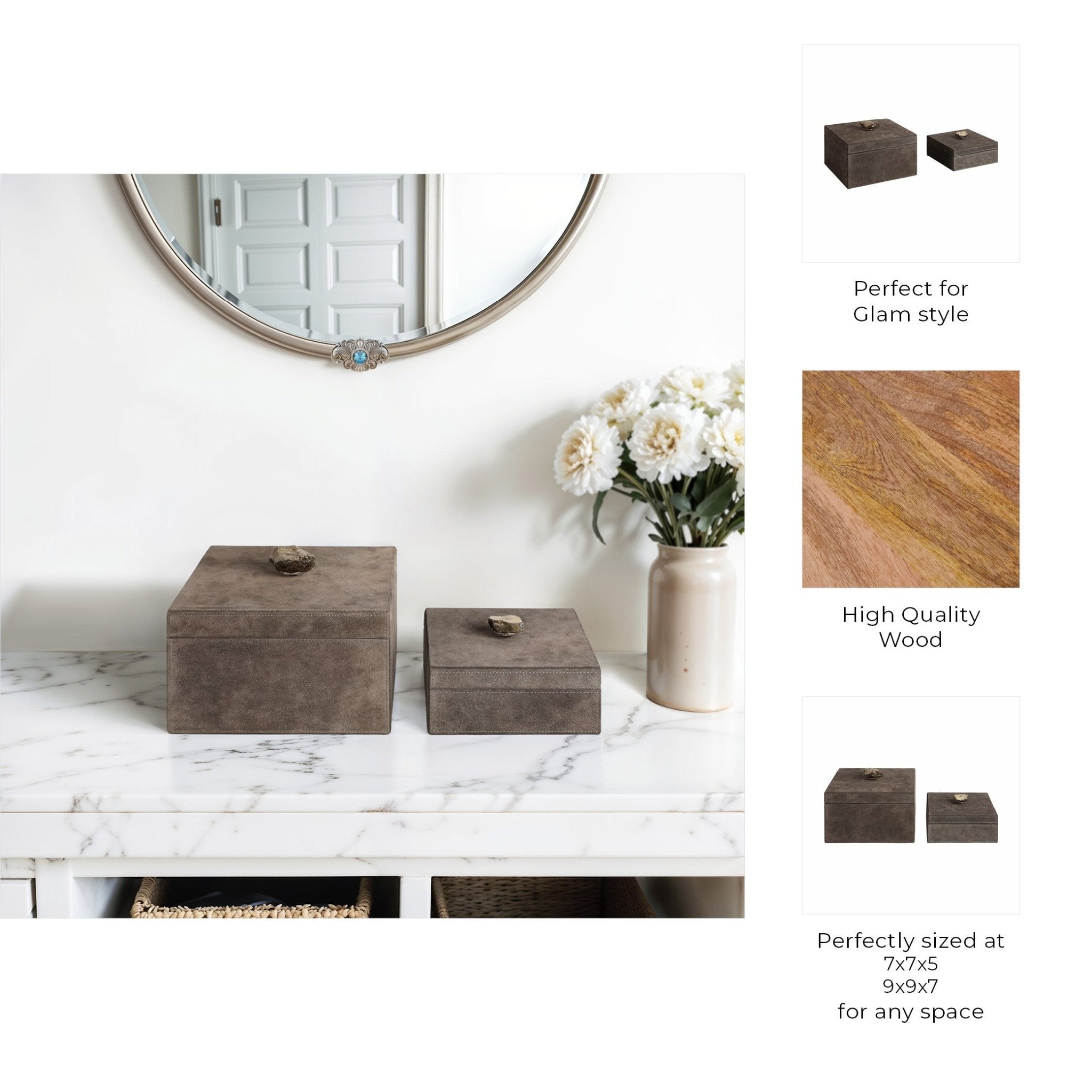 S/2 7/9" SOWETO SUEDE BOXES W/STONE KNOB, GRAY Table Decors| Sagebrook Home
