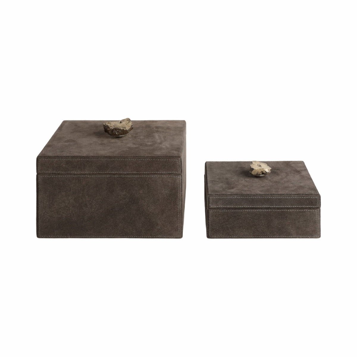 S/2 7/9" SOWETO SUEDE BOXES W/STONE KNOB, GRAY Table Decors| Sagebrook Home