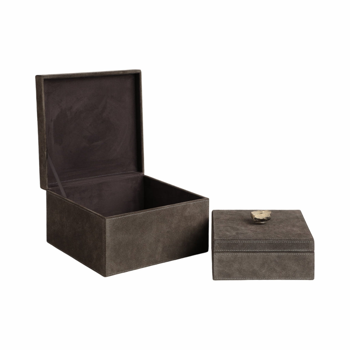S/2 7/9" SOWETO SUEDE BOXES W/STONE KNOB, GRAY Table Decors| Sagebrook Home