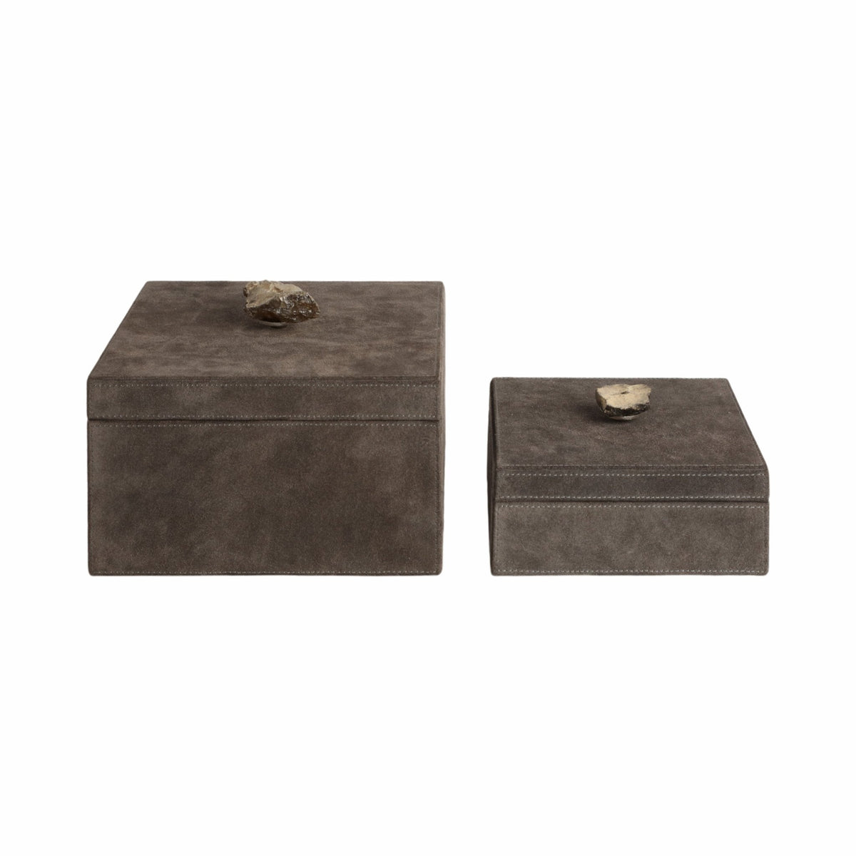 S/2 7/9" SOWETO SUEDE BOXES W/STONE KNOB, GRAY Table Decors| Sagebrook Home
